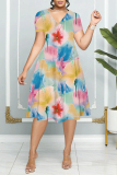 Multicolor Floral Print Patchwork V Neck Short Sleeve Vacation Casual Pleated Midi Flowy Dresses