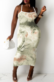 Fluorescent Green Graphics Print Sleeveless Backless Summer Outings Vacation Bodycon Maxi Slip Dress