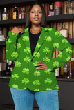Ice Grass Green Shamrock Four Leaf Clover Print Buttons Turn-back Collar Long Sleeve Formal Office Casual Blazer Jackets