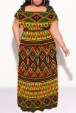 Yellow Blue Geometric Print Off Shoulder Ruffle Sleeve Casual Outing Plus Size Vacation Loose Fit Maxi Dresses
