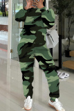 Rose Red Camouflage Casual Letter Print Round Neck Long Sleeve Sweatshirt And Pencil Pants Fall Winter Two Pieces Sets
