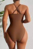 Dark Brown Backless Lace Up Draw String One Piece Swimsuit Vacation Beach Swimwears(With Paddings)