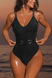 Black Backless Belted One Piece Swimsuit Vacation Beach Swimwears(With Paddings)