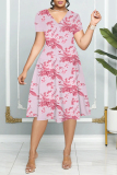 Multicolor Floral Print Patchwork V Neck Short Sleeve Vacation Casual Pleated Midi Flowy Dresses