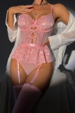 Red Lace Patchwork Hollow Out See-Through Backless Lingerie
