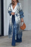 Blue Ombre Floral Print Cardigan Collar Pile Up Sleeves Longline Shirt Tops
