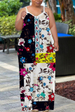 Green Graphics Print Backless Sleeveless Spaghetti Strap Floor Length Long Baggy Vacation Maxi Slip Dresses