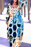 Yellow Casual Graphics Print V Neck Long Sleeve Straight Loose Vacation Plus Size Maxi Dresses