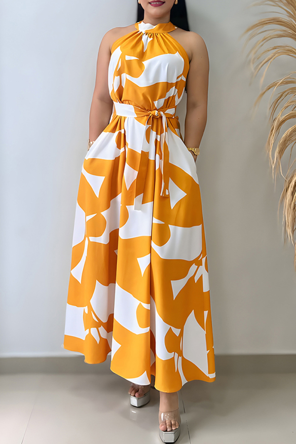 Orange Graphics Print Sleeveless O Neck Pocket With Belt Casual Vacation Maxi Dresses
