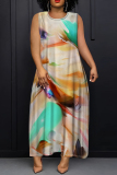Dark Purple Graphics Print Sleeveless O Neck Casual Vacation Maxi Tank Dresses