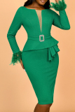 Green Feathers O Neck Long Sleeve Formal Office Lady Bodycon Midi Dresses