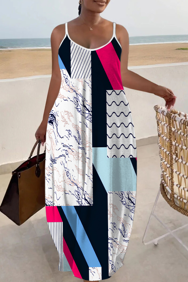 Multicolor Graphics Print Backless Sleeveless Spaghetti Strap Floor Length Long Baggy Vacation Maxi Slip Dresses
