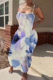 Grey Graphics Print Sleeveless Backless Summer Outings Vacation Bodycon Maxi Slip Dress