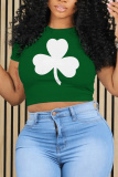 Green Shamrock Letter Print O Neck Short Sleeve Casual Irish Clover Crop T-Shirts