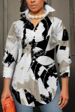 Dark Khaki Graphcis Print Shirt Collar Long Sleeve Buttons Slit Casual Vacation Shirt Tops