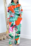 Orange Graphics Print Hooded Long Sleeve Sweatshirt And Pants Casual Sportwear Plus Size Two Pieces Jogger Sets