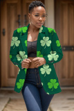 Dark Green Shamrock Four Leaf Clover Print Buttons Turn-back Collar Long Sleeve Formal Office Casual Blazer Jackets