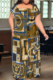 Yellow Blue Geometric Print Off Shoulder Ruffle Sleeve Casual Outing Plus Size Vacation Loose Fit Maxi Dresses