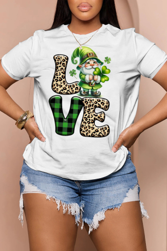 Leopard Letter Shamrock Four Leaf Clover Print O Neck Short Sleeve Casual Oversize T-Shirts