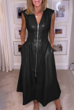 Grey V Neck Sleeveless Pocket Zipper Casual Formal Office Lady Leather Maxi Dresses