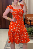 Red Square Neck Small Flying Sleeve Backless Ruffle Hem Vacation Casual Midi Floral Summer Dresses