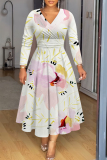 Brown Floral Print Patchwork V Neck Long Sleeve Vacation Casual Pleated Maxi Flowy Dresses