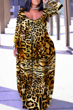 Yellow Casual Graphics Print V Neck Long Sleeve Straight Loose Vacation Plus Size Maxi Dresses