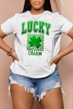 Leopard Letter Shamrock Four Leaf Clover Print O Neck Short Sleeve Casual Oversize T-Shirts
