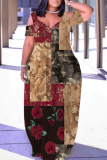 Multicolor Graphics Print V Neck Short Sleeve Floor Length Vacation Long Loose Maxi Dress