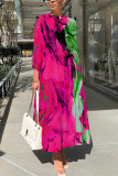 Multicolor Graphics Print O Neck 3/4 Sleeve Long Loose Vacation Casual Pleated Maxi Dresses