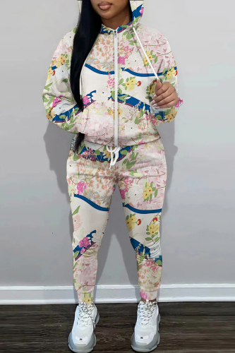 Light Pink Graphics Print Hooded Long Sleeve Zipper Sweatshirt And Sweatpants Fall Winter Sportwear Two Pieces Sweatsuits Sets