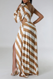 Striped Print Oblique Collar One Long Sleeve Backless Slit Ruffle Trim Vacation Casual Maxi Dresses