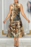 Dark Gray Graphics Print Sleeveless O Neck Casual Vacation Pleated Midi Tank Dresses