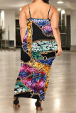 Leopard Chain Print U Neck Sleeveless Plus Size Bodycon Maxi Slip Dresses