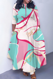 Orange Boho Graphics Print O Neck 3/4 Sleeve Belted Pockets Long Vacation Casual Pleated A Line Spring Floral Maxi Dresses