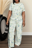 Multicolor Graphics Print Round Neck Short Sleeve T-shirt And Wide Leg Pants Two Pieces Trouser Sets