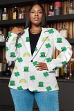 Ice Grass Green Shamrock Four Leaf Clover Print Buttons Turn-back Collar Long Sleeve Formal Office Casual Blazer Jackets