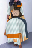 Multicolor Graphics Print O Neck 3/4 Sleeve Belted Pockets Long Vacation Casual Pleated A Line Maxi Dresses