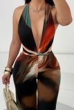 Multicolor Ombre Print Sleeveless Backless Belted Spaghetti Strap Bodycon Halter Jumpsuits