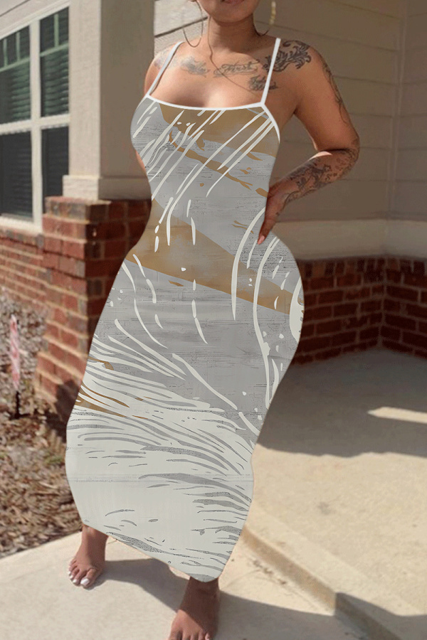 Grey Graphics Print Sleeveless Backless Summer Outings Vacation Bodycon Maxi Slip Dress