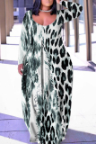 Yellow Casual Graphics Print V Neck Long Sleeve Straight Loose Vacation Plus Size Maxi Dresses