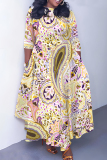 Orange Boho Graphics Print O Neck 3/4 Sleeve Belted Pockets Long Vacation Casual Pleated A Line Spring Floral Maxi Dresses
