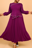 Purple Beading Lantern Sleeve O Neck Formal Office Lady Casual Pleated Maxi Dresses