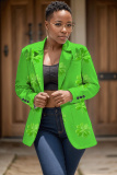 Dark Green Shamrock Four Leaf Clover Print Buttons Turn-back Collar Long Sleeve Formal Office Casual Blazer Jackets