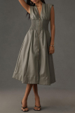 Grey V Neck Sleeveless Pocket Zipper Casual Formal Office Lady Leather Maxi Dresses