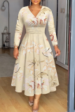 Brown Floral Print Patchwork V Neck Long Sleeve Vacation Casual Pleated Maxi Flowy Dresses
