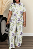 Multicolor Graphics Print Round Neck Short Sleeve T-shirt And Wide Leg Pants Two Pieces Trouser Sets