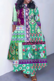 Multicolor Graphics Print O Neck 3/4 Sleeve Belted Pockets Long Vacation Casual Pleated A Line Maxi Dresses