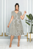 Grey Ombre Print Patchwork V Neck Short Sleeve Vacation Casual Pleated Midi Flowy Dresses