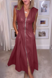 Grey V Neck Sleeveless Pocket Zipper Casual Formal Office Lady Leather Maxi Dresses
